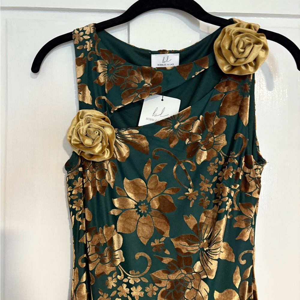 Green and Gold Floral Dress with Rosette Accent
